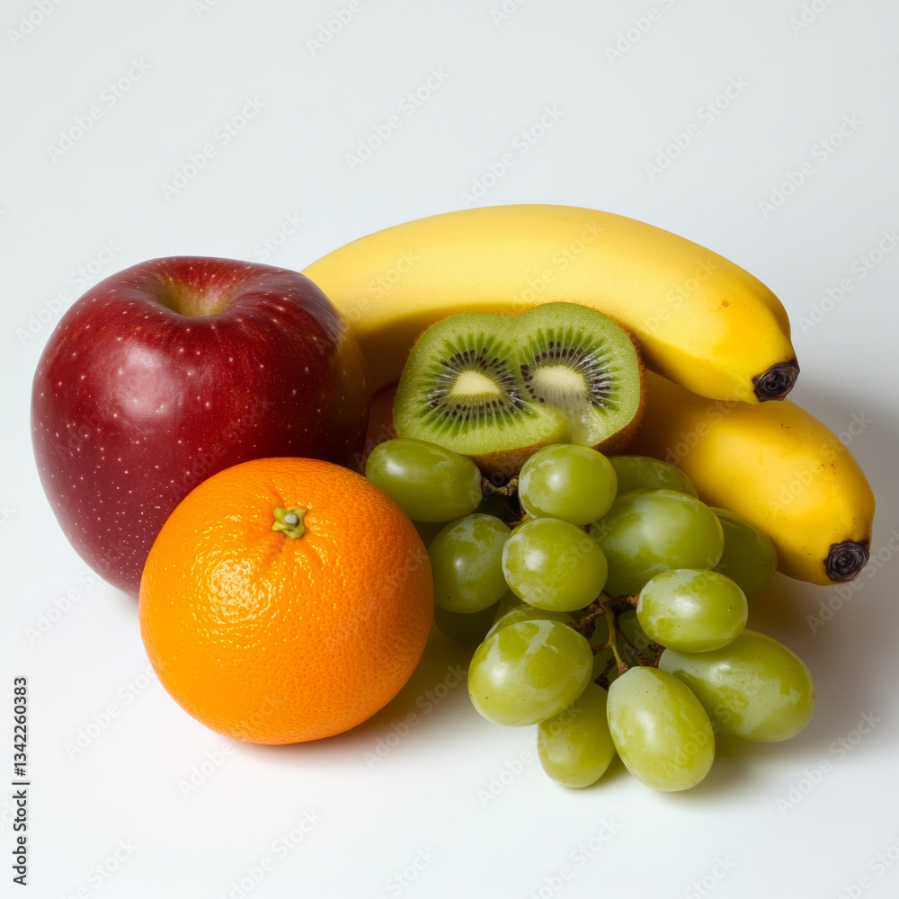 Fresh tropical fruit mix with banana apple orange kiwi and green grapes on white background Fresh tropical fruit mix with banana apple orange kiwi and green grapes on white background