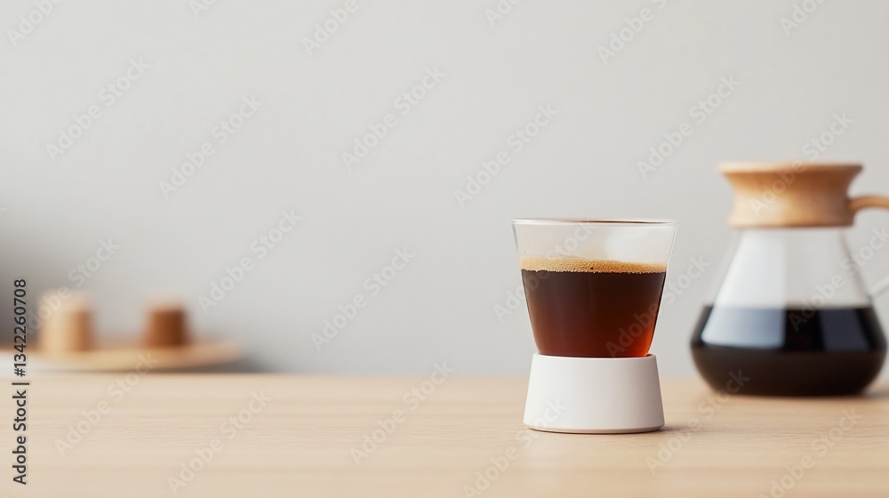 Espresso in a glass, coffee maker in the background Espresso in a glass, coffee maker in the background
