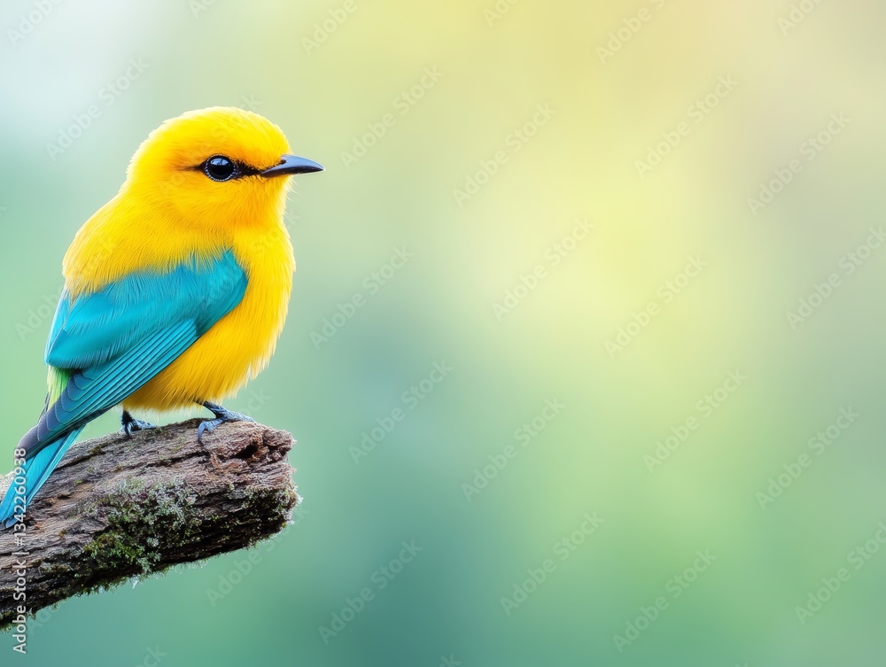Vibrant Tropical Bird Perched on a Mossy Branch with a Soft Pastel Background Vibrant Tropical Bird Perched on a Mossy Branch with a Soft Pastel Background