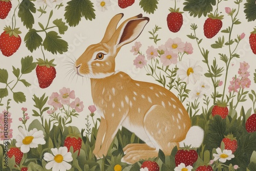 Soft brown rabbit sits among vibrant strawberries and wildflower