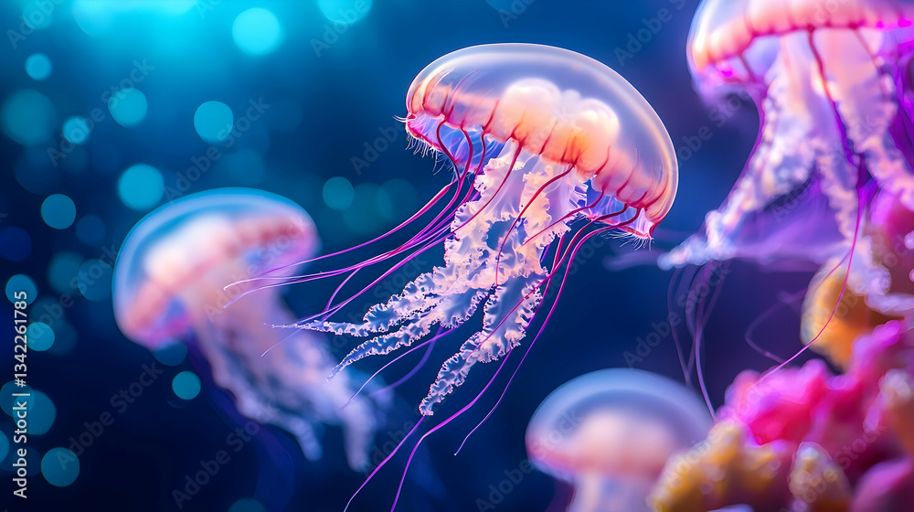 Obraz premium Pastel Glowing Jellyfish Underwater World