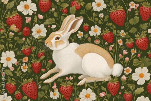 Soft bunny rests among vibrant strawberries and daisies in lush