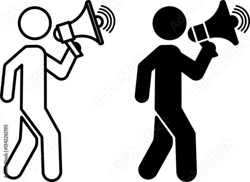 Speaker Icons. Black and White Vector Illustration. Man Talking in Loudspeaker. Music Concept