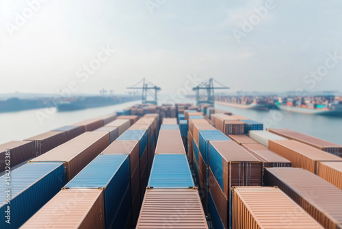 Cargo ship carrying many freight containers navigating through a channel leaving an industrial port with cranes and other container ships in the background