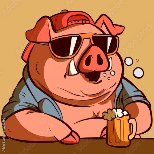 Fat and quirky pig drinking beer and burping. Overweight hog with hat and cool sunglasses sitting at a table with a cold beverage.
