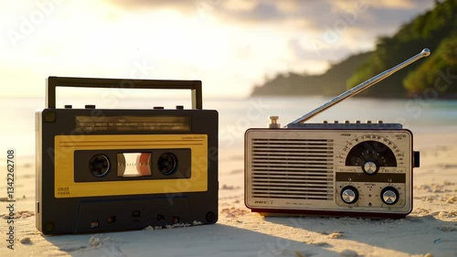 Wallpaper Mural Enjoy vintage sounds by the beach at sunset featuring a classic cassette player and radio on the sand. The warm glow of the sun creates a nostalgic atmosphere. Torontodigital.ca