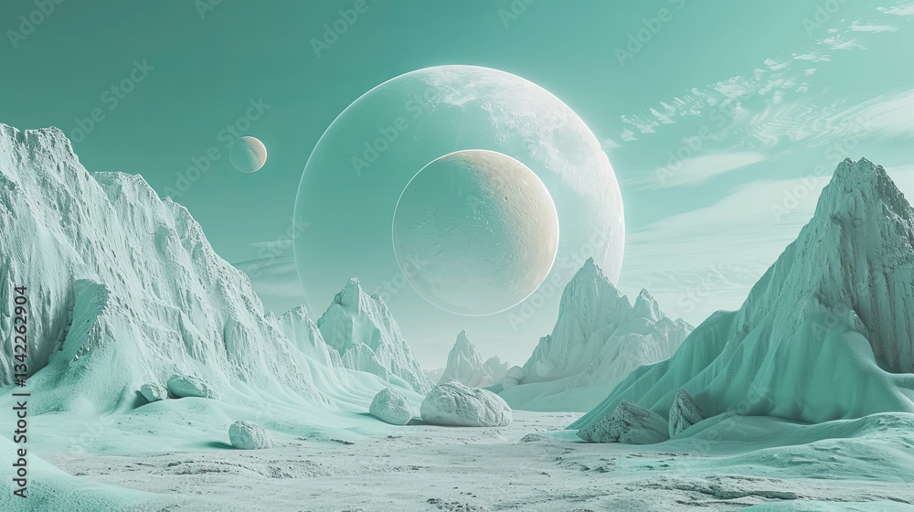 Discover an ethereal alien landscape filled with majestic celestial bodies beyond imagination