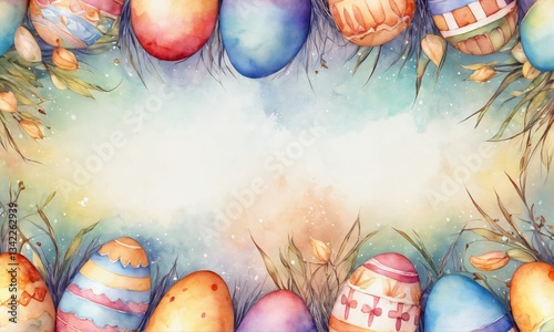 Colorful Easter eggs arranged artistically on a soft watercolor background with spring flowers