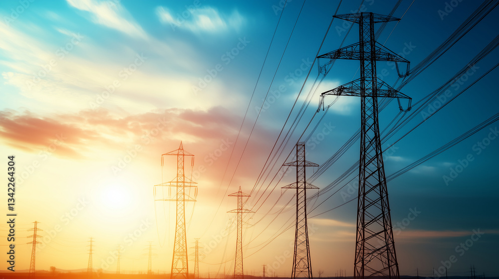 Fototapeta premium Electric pylons standing tall in a row, disappearing into the horizon, with power cables vibrating in the wind, symbolizing the expansion of electricity networks.