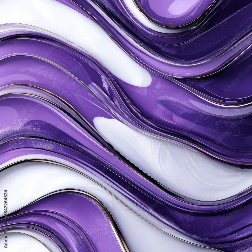 Fototapeta premium Fluid wavy abstract background with flowing purple and white glossy layers for modern digital art design luxury wallpaper and elegant texture pattern