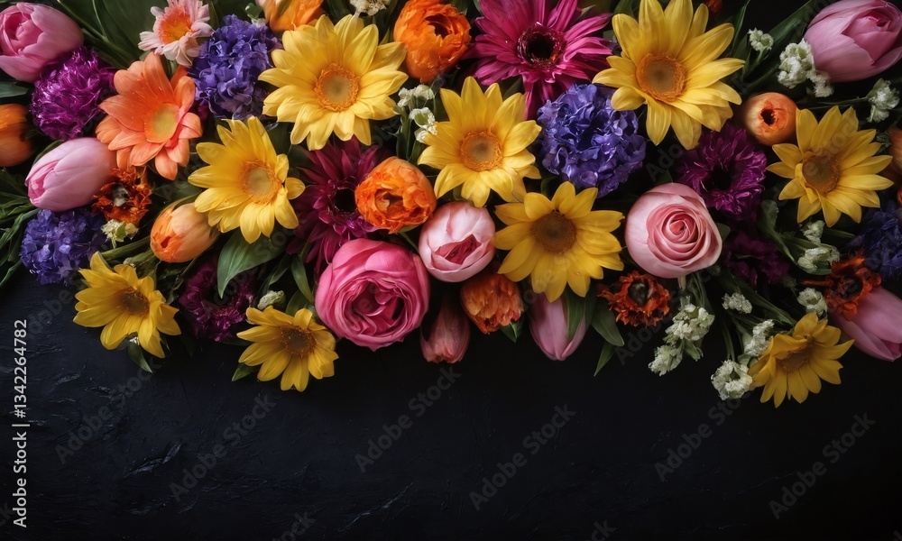 Obraz premium Colorful flower arrangement featuring various blooms in a vibrant display on a dark surface