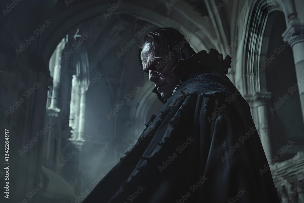 Naklejka premium Mysterious Vampire in Gothic Shadows: A Timeless Predatory Presence