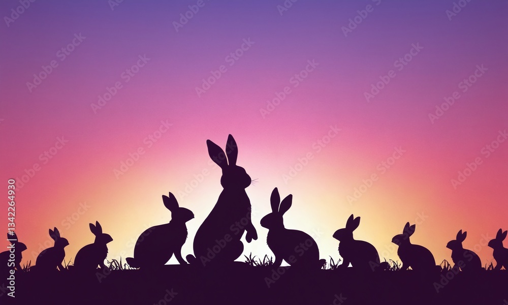 Rabbits silhouetted against a colorful sunset sky in a peaceful evening gathering Rabbits silhouetted against a colorful sunset sky in a peaceful evening gathering