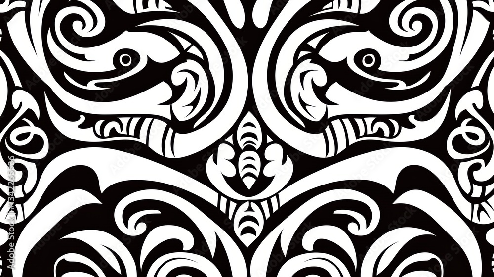 Fototapeta premium Abstract Fish Motif Black and White Pattern with Swirl Details