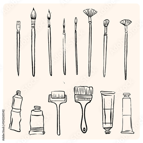 Hand drawn set of artist tools doodle. Art supplies in sketch style. Easel, brushes, paint, pencils. Vector illustration isolated on cream background