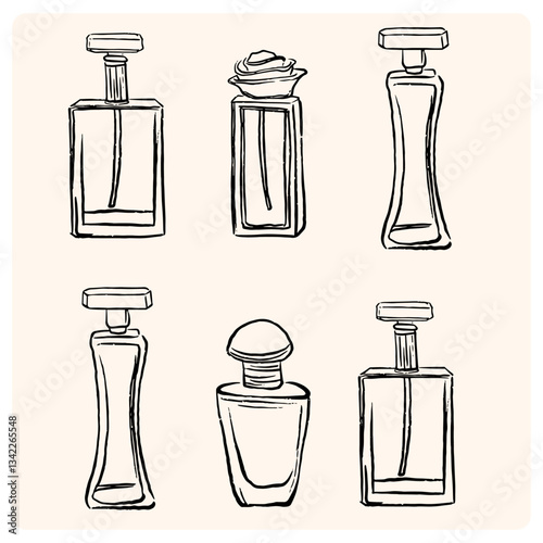 Hand drawn perfume bottles line icons set. Glass flasks with perfume, eau de toilette, fragrance in doodle style.