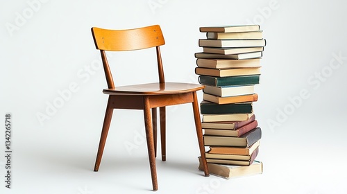 A standard school chair paired with a stack of books, isolated on a white background
