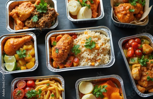 Top view of lunch boxes with food for delivery. Corporate catered banquet. Chicken, fries, rice, vegetables, tomatoes. Healthy eating, organic nourishment. Ready to go meal for office, breakfast,