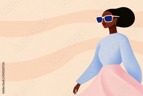 Stylish woman in sunglasses walking confidently against soft pas