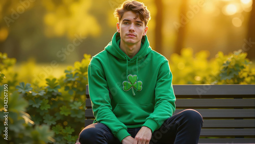A young man sitting on a park bench wearing a green hoodie with a shamrock emblem, surrounded by warm golden sunlight and blurred trees in the background.
