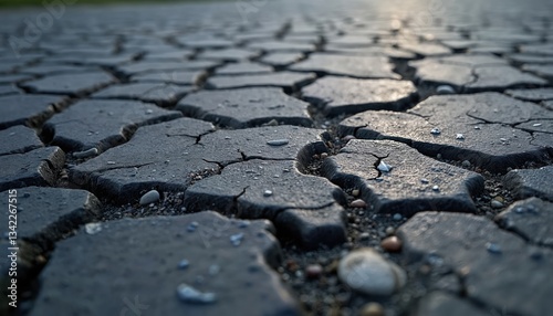 Weathered cracked asphalt surface with gravel, creates rugged textured background. Road blacktop with intricate cracks. Urban grunge style. Detail of worn pavement. Aging ground. Roughness,