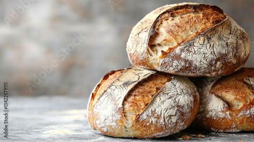Pile of freshly baked no-knead artisan bread with a rustic appearance and natural texture on a plain background