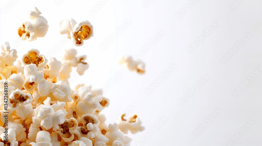 Fluffy popcorn kernels burst and fly Fluffy popcorn kernels burst and fly