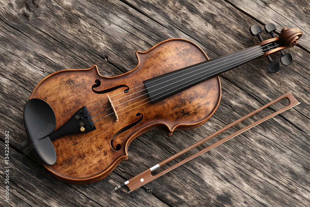 Fototapeta premium Elegantly Crafted Violin Resting on Wooden Table Evokes Nostalgia and Musical Mastery