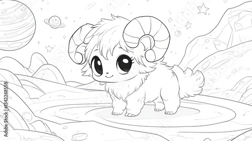 Cute cartoon ram in space landscape, coloring book photo
