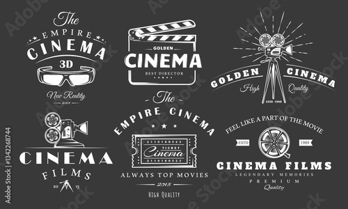 Cinema logo vintage set isolated on black background. Design element label film, camera, reel, ticket, strip, clapper board. Cinema emblem templates. Vector illustration