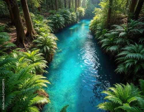 Bright blue creek flows among punga fern trees in Whakarewarewa Forest, Rotorua, Bay of Plenty, New Zealand. Native fern flourishes. Lush plants, trees create serene nature travel location.
