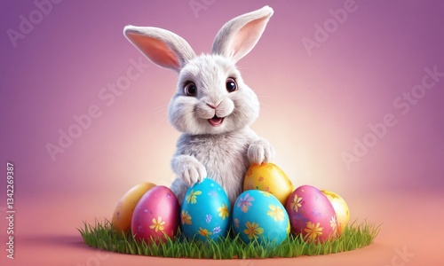 Cute bunny with colorful eggs on grass in a cheerful spring setting