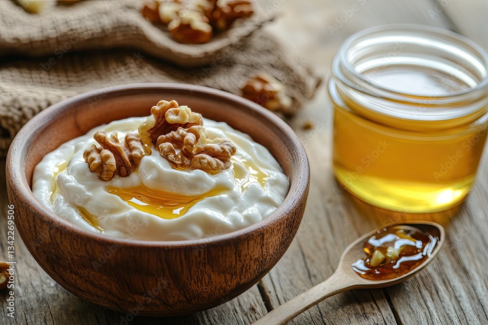 Creamy yogurt topped with honey and walnuts in a wooden bowl (3) Creamy yogurt topped with honey and walnuts in a wooden bowl (3)