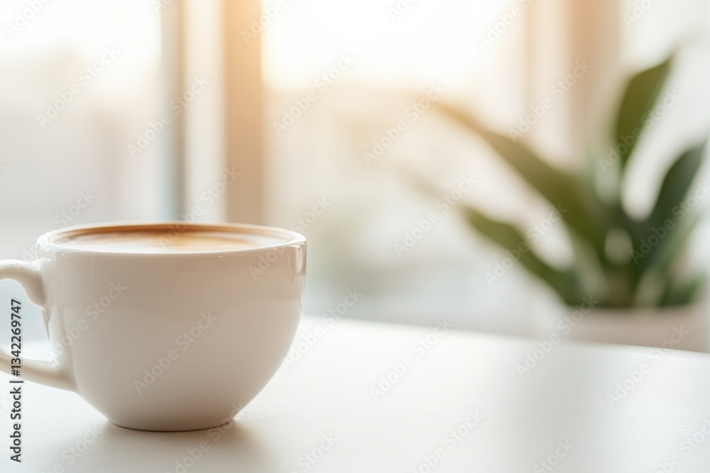Obraz premium Warm cup of coffee resting on table with soft sunlight illuminat