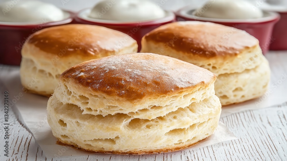 Perfectly baked buttermilk biscuits stacked on a wooden table with a cozy atmosphere and copy space for text and design Perfectly baked buttermilk biscuits stacked on a wooden table with a cozy atmosphere and copy space for text and design