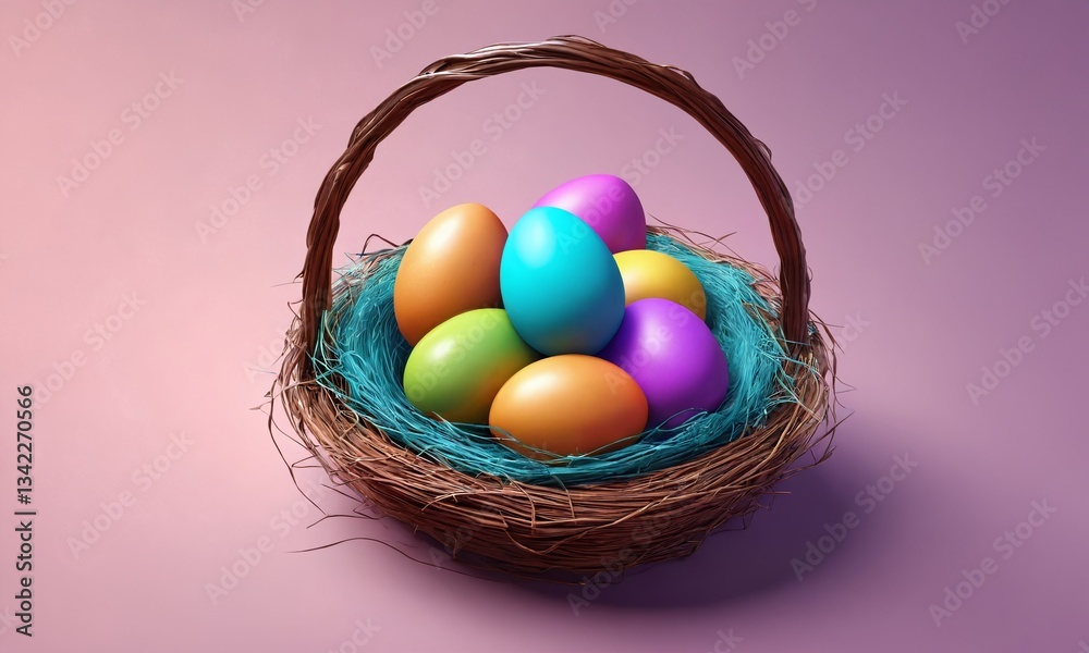 Naklejka premium Colorful easter eggs in a woven basket with blue straw on a soft pastel background