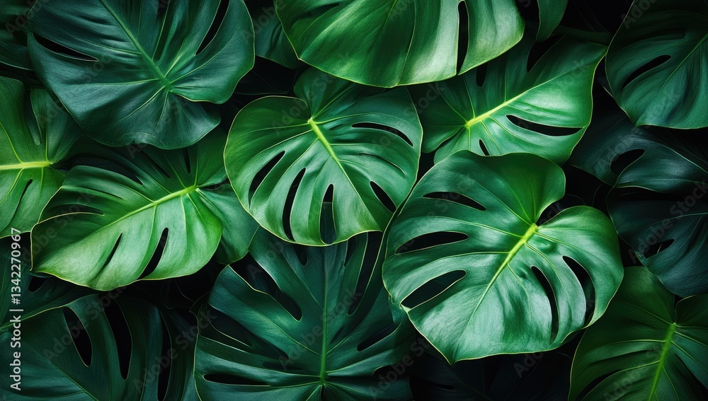 Obraz premium Lush green tropical leaves background. Dark green foliage texture. Close-up view of vibrant tropical plants