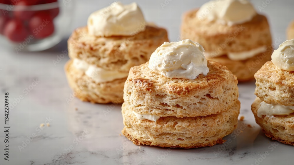 Mouthwatering plate of flaky biscuits topped generously with fresh cream ready to delight the taste buds Mouthwatering plate of flaky biscuits topped generously with fresh cream ready to delight the taste buds