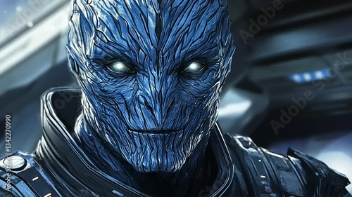 Futuristic humanoid character with blue textured skin, wearing a sleek suit in a sci-fi environment