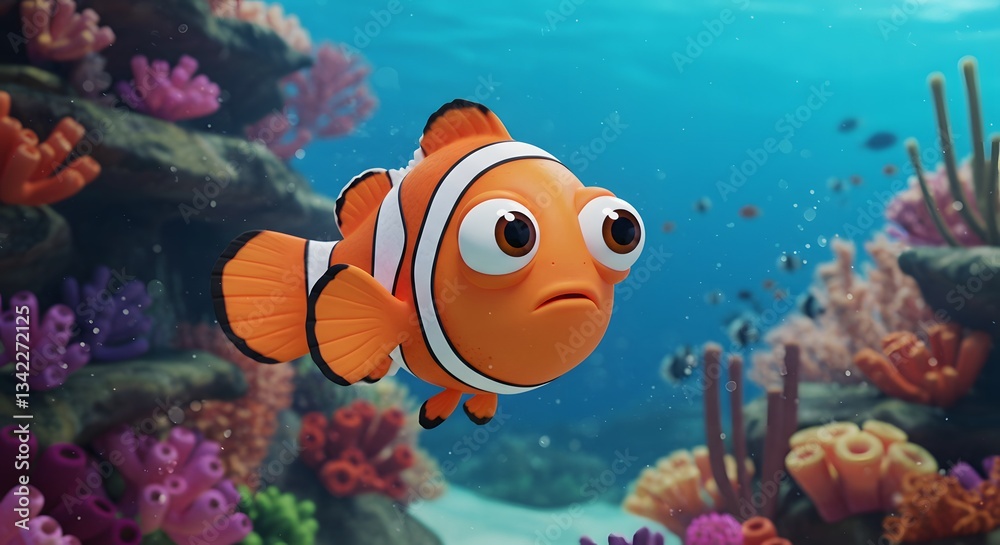 Fototapeta premium Curious Clownfish Swimming Near Coral Reef with Colorful Underwater Scene