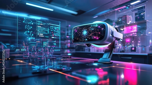 Virtual Reality Headset In Neon Lit Science Lab Experimentation Station For Technological Innovation. High Tech Modern Design. Digital Screen Interface. Bright Lights. Cyberpunk Style. Abstract