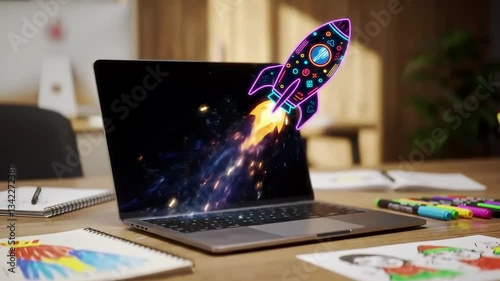 Wallpaper Mural In a vibrant classroom, a colorful rocket bursts out of a laptop screen, captivating students as they engage in a creative project filled with drawings and colorful materials. Torontodigital.ca