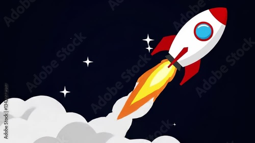 A colorful rocket propels into the atmosphere surrounded by clouds, showcasing a dynamic ascent against a deep, dark backdrop. The vibrant design captures the excitement of space exploration.