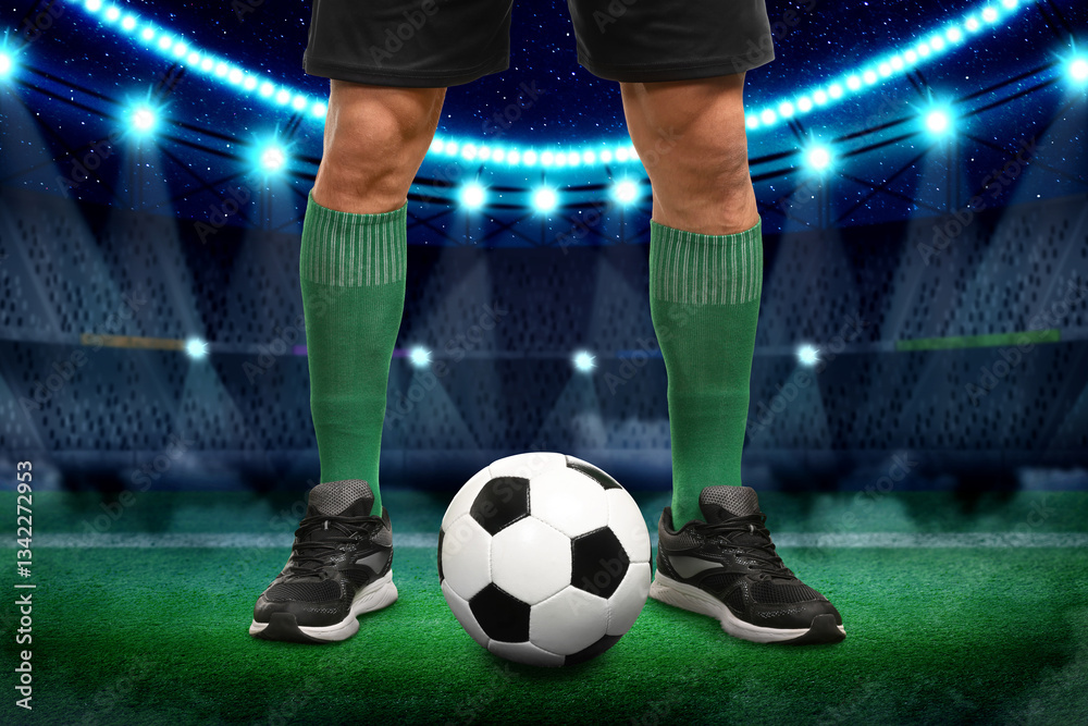 Fototapeta premium Football player with soccer ball on artificial grass at stadium, closeup