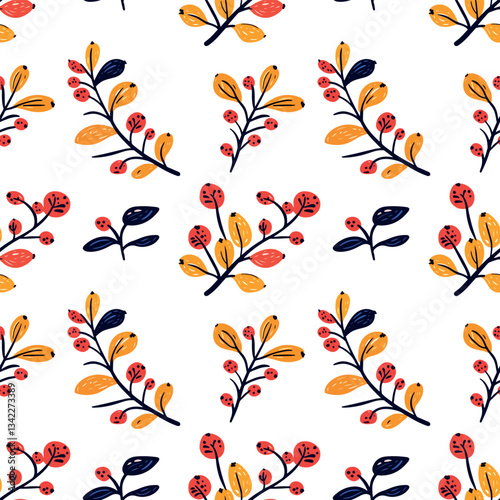 seamless pattern of hand drawn funny cute folklore branches