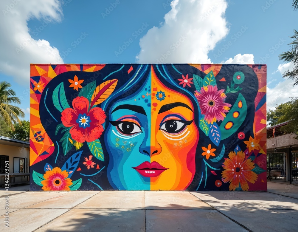 Naklejka premium Colorful mural art on building wall in Miami Wynwood district. Large vibrant portrait of woman, adorned with flowers. Urban outdoor scene on sunny day. Beauty and creativity.
