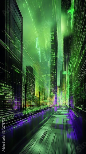 A futuristic cityscape with vibrant green and purple digital elements creating a cyberpunk vibe.