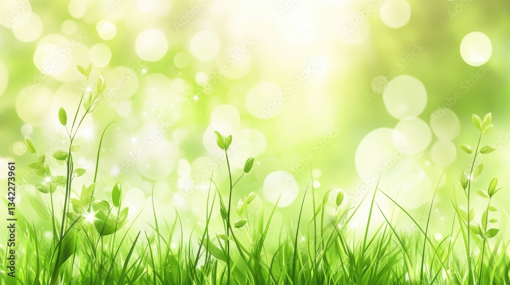 Lush Green Grass and Leaves with Soft Bokeh Light Background Lush Green Grass and Leaves with Soft Bokeh Light Background