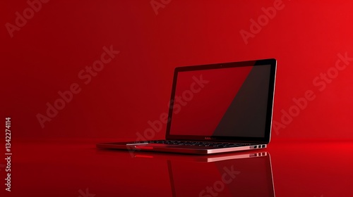 A high-quality 4K shot of a laptop placed on a solid red background, ultra-detailed lighting and reflections.