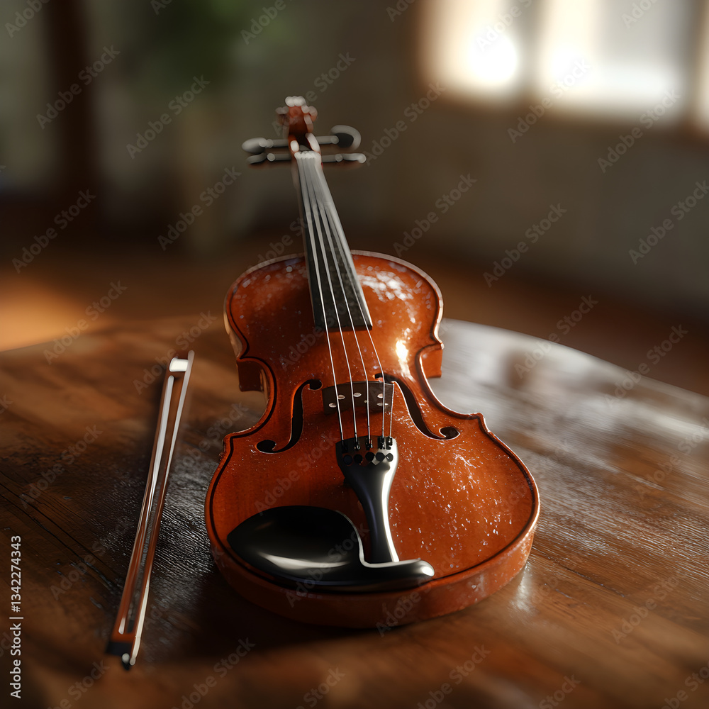 Fototapeta premium Elegantly Crafted Violin Resting on Wooden Table Evokes Nostalgia and Musical Mastery